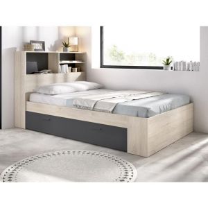 Lit 120 x 190 cm avec rangements - Coloris : Naturel et anthracite - VARDIEL