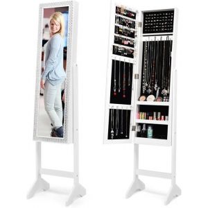 Armoire à Bijoux sur Pied Miroir Plein Longueur Foret à Résine en Surface Stockage des Bijoux Flanelle Noire Blanc