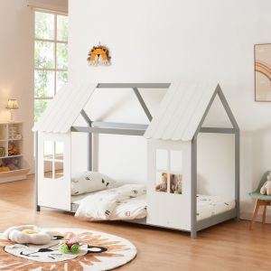Lit cabane Tostedt pour enfant forme maison bois de pin 90 x 200 cm gris blanc [en.casa]