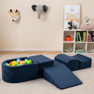 Blocs de Construction en Mousse COSTWAY-pour Enfants 3+ans-5 Pi&egrave;ces-Housses Lavables en Machine avec Fermetures Eclair-Bleu Fonc&eacute;