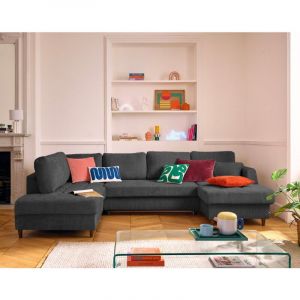 Anna - canap&eacute; panoramique d'angle gauche 7 places convertible avec coffre en velours textur&eacute; - Gris Anthracite