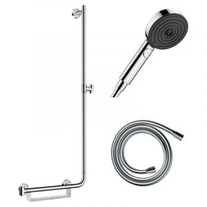 Hansgrohe Barre de douche PMR Unica 110 avec poign&eacute;e &agrave; gauche Chrom&eacute; + Pommeau de douche Pulsify 3 jets + flexible Isiflex 160cm