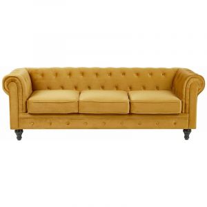 Beliani Canapé 3 places en velours jaune moutarde CHESTERFIELD