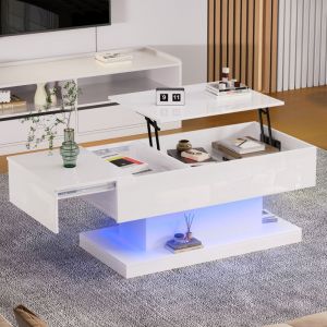 Hauss Spole - Table basse fixe relevable 100&times;50&times;45cm, led, relevage hydraulique, avec rangement, salon chambre table, blanc