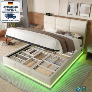 MODFU - Lit adulte, lit coffre, velours, tête de lit réglable, éclairage LED d'ambiance, port USB/Type-C, compartiment de rangement avec relevage