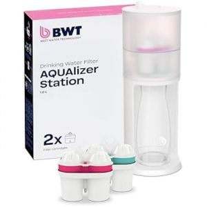 BWT Filtre à eau de table AQUAlizer Station | Pack avantage avec 2 cartouches filtrantes et carafe en verre supplémentaire