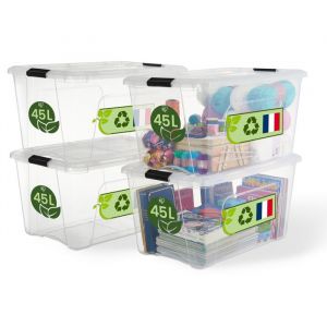 Iris Ohyama Boite Rangement Plastique avec Couvercle, 45L, Lot de 4, Transparent, Clips de Fermeture, Poignée, Empilable, Organisation Solide et