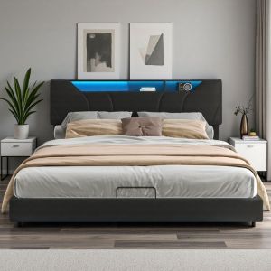 Lit Double 160x200 - LED - Sommier Renforc&eacute; - Coffre de Rangement - Design Moderne