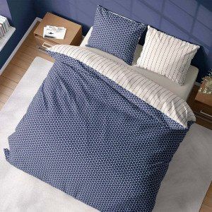 Coté Déco Parure de lit avec Housse de Couette 220x240 cm + 2 Taies d'oreiller 63x63cm pour lit pour 2 Personnes géométrique Bleu et Blanc 100% Coton