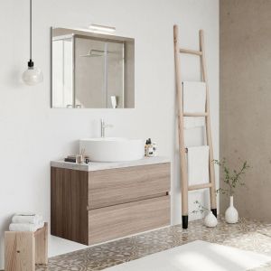CITY Meuble simple vasque à poser 2 tiroirs largeur 80 cm + miroir Chêne fumé & plan gris béton - Chêne fumé & plan gris béton