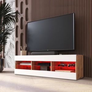 Meuble Banc tv Tivoli 140, Wotan/Blanc, Largeur 140cm x Hauteur 40,5cm x Profondeur 35cm, led rgb, pour Salon, Chambre - Komodee