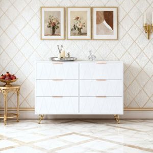 Commode &agrave; 6 Tiroirs Blanc 100x34x72cm - Pieds Or V - Anti-chute - Pour chambre, salon, entr&eacute;e - Motif Diamant