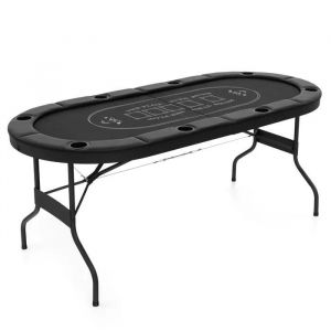 Table de Poker Pliable-COSTWAY-pour 8 Joueurs-182 x 82 x 75 cm-Ovale-8 Porte-Gobelets-Surface en Feutre-Multifonction-Noir
