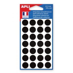 APLI 111847 - Etui de 168 pastilles adhésives noires, diam. 15 mm (6 feuilles / cdt)