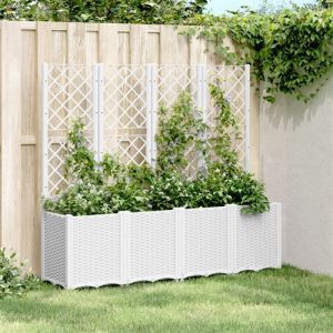 VidaXL Jardini&egrave;re avec Treillis, Lit Sur&eacute;lev&eacute; de Jardin, Pot de Fleurs, Bac &agrave; Plantes, Bo&icirc;te de Plantation Patio Terrasse Ext&eacute;rieur, Blanc PP