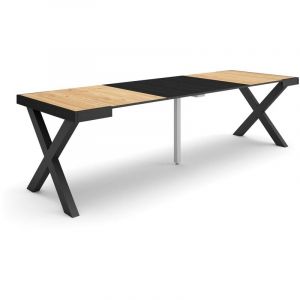 Skraut Home - Table console extensible, Console meuble, 260, Pour 12 personnes, Pieds bois massif, Style moderne, Chêne et noir