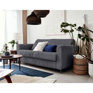 Owen - canap&eacute; 3 places convertible - couchage quotidien - matelas 12 cm - en velours c&ocirc;tel&eacute; grosses c&ocirc;tes - Gris fonc&eacute;