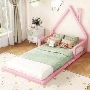 Lit cabane enfant simple 90 x 200 cm, pin massif, rose, sans matelas
