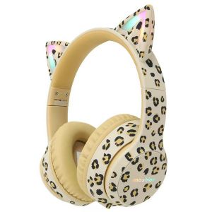 Imoshion &Eacute;dition Sp&eacute;ciale - Casque sans fil pour enfants avec imprim&eacute; l&eacute;opard LED Light Cat Ear - Limiteur de d&eacute;cibels - Avec c&acirc;ble AUX - L&eacute;opard