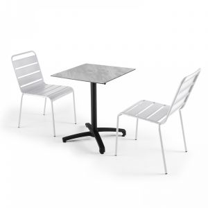 Oviala Table de jardin statifié 60x60 cm marbre et 2 chaises palavas blanc - Gris