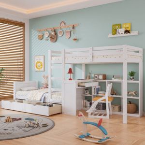Lit superposé 90x200cm - avec bureau & étagères ouvertes & 2 tiroirs - en bois de pin et MDF - Blanc