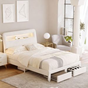 Cadre de lit 140x190 cm -Rangement de t&ecirc;te de lit - LED - USB - avec Sommier &agrave; Lattes - Velours - Beige