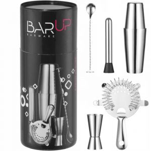 Hendi Set de bar dans un tube, BarUp, outils pour barman: shaker Boston, passoire Hawthorne, jigger double, pilon et cuill&egrave;re &agrave; cocktail en spirale avec disque pilon, &oslash;120x(H)320mm, inox