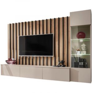 Composition murale TASHYA – Meuble TV, vitrine suspendue et panneau mural – Chêne Artisan et blanc sable