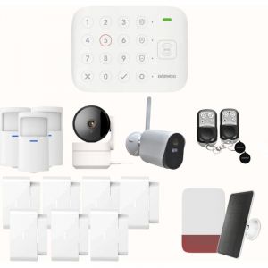 Daewoo Pack Alarme Connect&eacute;e WiFi Vigilia VIG104 &ndash; Syst&egrave;me sans Fil et sans Abonnement, Compatible Animaux, D&eacute;tecteurs et Sir&egrave;ne Solaire Inclus + Cam&eacute;ras de Surveillance Full HD, Application Incluse