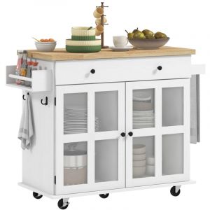 Homcom Desserte de cuisine multi-rangement - 2 portes, 2 étagères, tiroir, porte-épices, porte-torchon - blanc bois hévéa