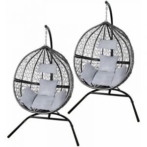 Monster shop Lot de 2 Chaises Suspendues Rotin Jardin Patio Extérieur Intérieur Eté Fourniture Siège Noir l Avec Set Coussins, Couverture