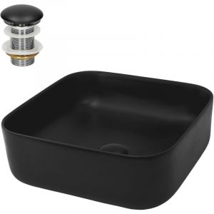 Lavabo en Céramique Noir Mat, 39,5x39,5x14 cm, Vasque à Poser Carré, Moderne, Cuvette avec Bouchon de Vidange sans Trop-Plein Inclus, Lave-Mains