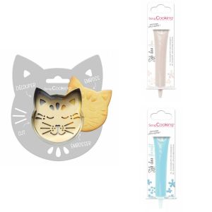 Kit pour biscuit en relief Chat + 2 Stylos au chocolat blanc et bleu pastel
