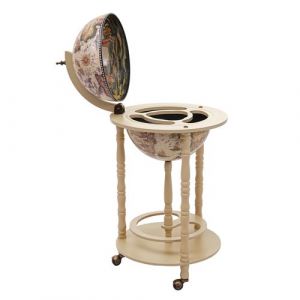 Image de Mendler Bar de salon HWC-D83, minibar, étagère de vin, globe terrestre Ø 33cm, roulant, bois d'eucalyptus ~ blanc