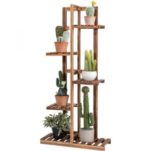 Tagère pour Fleurs en Bois de Pin 5 Niveaux Autoportante 6 Pots avec Dispositif Anti-basculement Intérieur/Extérieur Marron - Costway