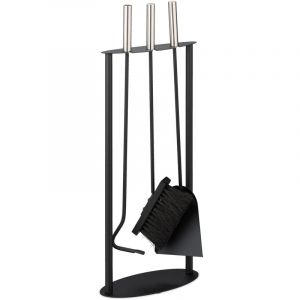 Relaxdays Serviteur de cheminée 4 pièces, tisonnier, Pelle à Cendres, Balai et Support, Accessoires de cheminée, Noir/argenté