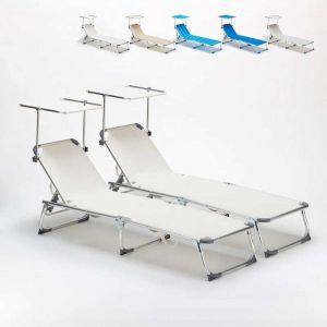 Beach and Garden Design 2 transats chaises pour la mer pliants avec paresol CALIFORNIA | Blanc