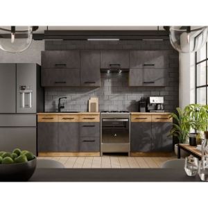 Cuisine compl&egrave;te ROCK 7 &eacute;l&eacute;ments - D&eacute;cor ch&ecirc;ne lancelot et gris matera - L260 x P 52 x H82 cm - Plan de travail non inclus