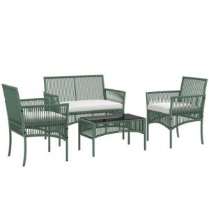 Outsunny Salon de jardin 4 places 4 pièces style colonial table basse coussins inclus résine tressée filée aspect rotin vert