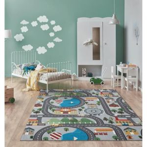 Image de The carpet Happy Life - Tapis de jeu pour chambre d'enfant avec rues, villes et voitures, lavable, gris, 200 x 200 cm