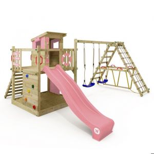 Wickey Tour de jeux en bois Smart Surf avec balançoire et toboggan, tour d'escalade avec bac à sable, échelle et accessoires de jeu – rose pastel