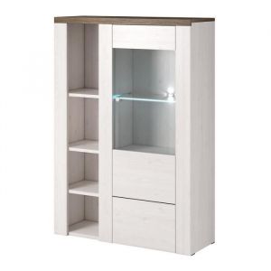 Buffet haut design 1 porte pour salon couleur blanc effet bois et chêne. Collection SANTIAGO.
