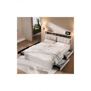 Wishdor - Lit double 160x200 cm avec 4 tiroirs, cadre de lit avec tiroirs, t&ecirc;te de lit rangement avec prise usb c, beige, sans matelas