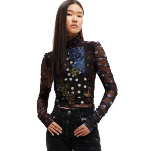 Desigual Tshirt en tulle patch &agrave; motif et fleurs. Noir - Taille 044