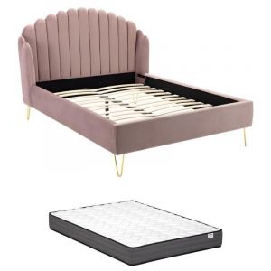 Image de Lit 140 x 190 cm avec t&ecirc;te de lit ondul&eacute;e - Velours - Vieux rose + Matelas - SAGALI