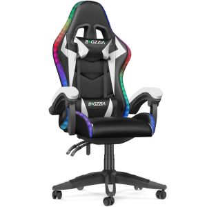 Chaise Gaming Avec Led Rgb, Dossier Inclinable &Agrave; 155&deg;, Fauteuil Gamer En Pu, Charge 136 Kg, Blanc
