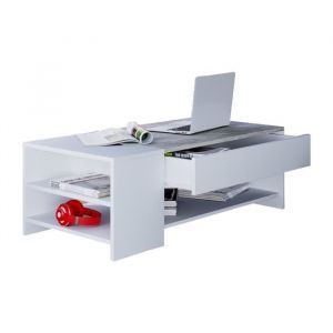 Ebuy24 - Tindus Table basse &agrave; 1 tiroir, 3 petits espaces de rangement, blanc/aspect b&eacute;ton. - Blanc