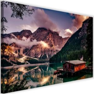 Image sur toile, Chalet au bord du lac de montagne - 60x40