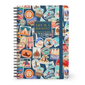 Legami Cahier à spirales ligné 7 mm, Travel Stickers, Large, Format A4, Papier certifié FSC, Contient 1 feuille d'autocollants, 160 pages, Fermeture élastique, 15 x 21 cm