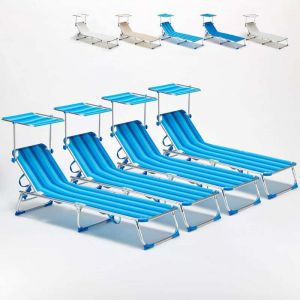Beach and Garden Design 4 transats chaises pour la mer pliants avec paresol CALIFORNIA | Rayures Bleues